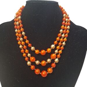 Vintage Japan Triple Strand Necklace 14-17" Orange Graduated Beads Hook Clasp